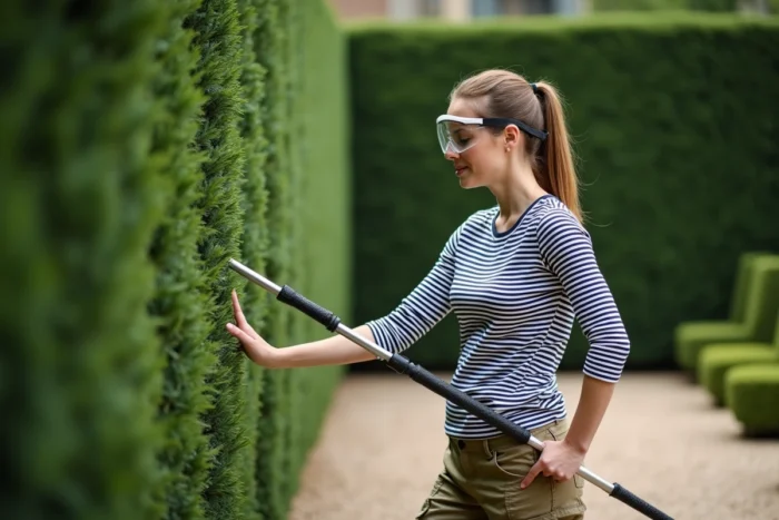 Femme inspectant la coupe d'une haute haie d'if avec un taille-haie télescopique dans un jardin à la française