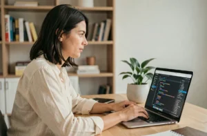 Femme travaillant sur un ordinateur portable dans un bureau à domicile moderne, illustrant les carrières en ligne et métiers du web en 2024