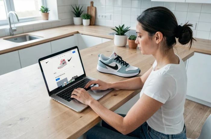 Femme saisissant un code UPC Nike sur un site de vérification ouvert sur son ordinateur portable