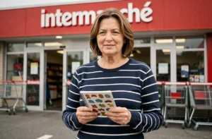 Femme tenant un album de vignettes Intermarché Armor Lux 2026 devant l'entrée d'un supermarché