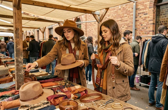 Deux femmes choisissant des accessoires de mode — chapeau, ceinture et écharpe — sur un marché en plein air avec une atmosphère animée et automnale