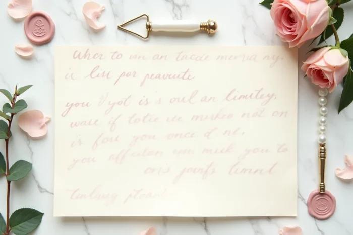 Flat lay d'une lettre manuscrite à la mariée entourée de pétales de rose séchés et d'un cachet de cire sur marbre