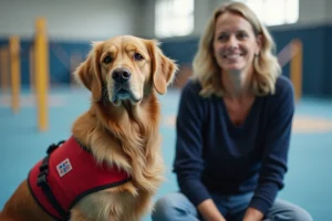 Femme entraînant un golden retriever portant un gilet de chien d'assistance rouge dans un centre de dressage professionnel