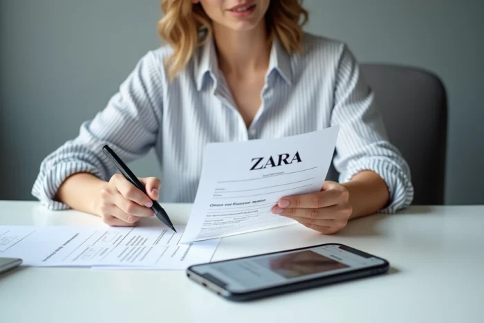 Femme remplissant un formulaire de réclamation Zara pour obtenir un remboursement de commande non livrée