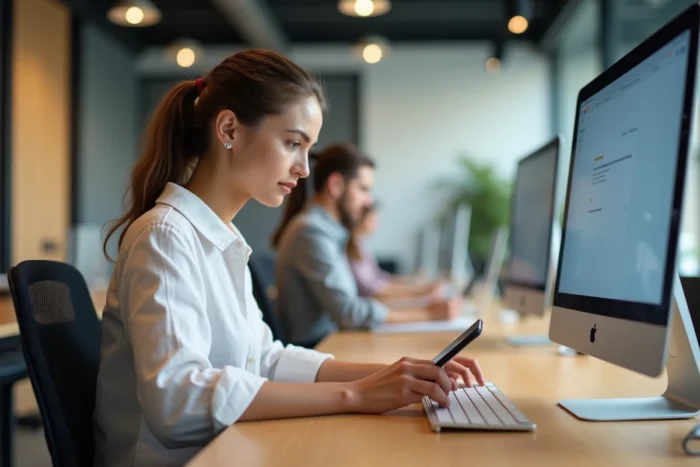 Jeune femme gérant ses annonces et messages reçus depuis un espace de coworking sur ordinateur et smartphone
