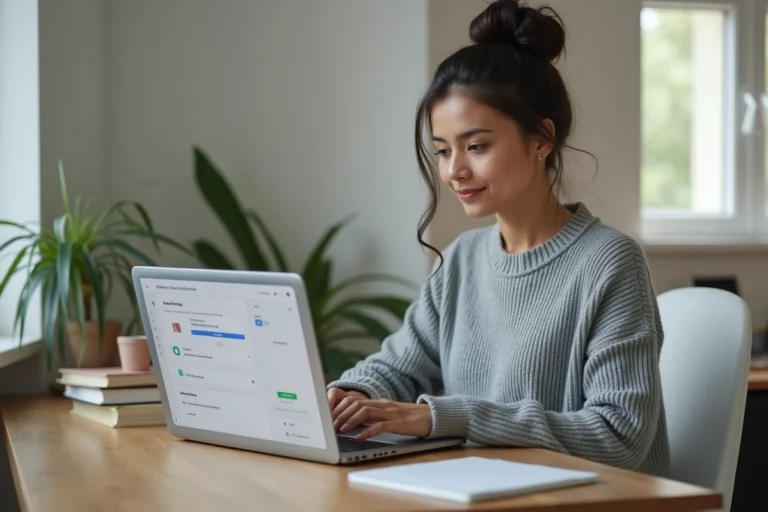 Femme gérant ses messages reçus sur un site d'annonces depuis son espace membre sur ordinateur portable