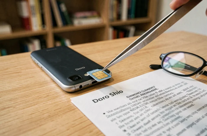 Gros plan sur une carte SIM nano et un téléphone Doro senior ouvert sur un bureau en bois