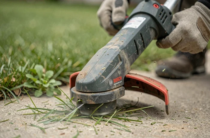 Gros plan sur la tête de coupe du Bosch AdvancedGrassCut 36 en action à ras du sol avec détail du fil nylon et de l'herbe coupée