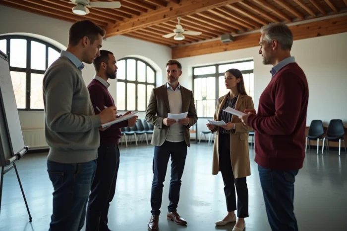 Groupe de conseillers communautaires réunis dans une salle polyvalente pour une session de travail sur la communisation