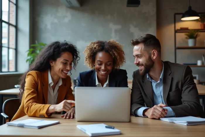 Groupe de candidats aux concours de la fonction publique utilisant ensemble la plateforme IGPDÉ dans un espace de coworking moderne