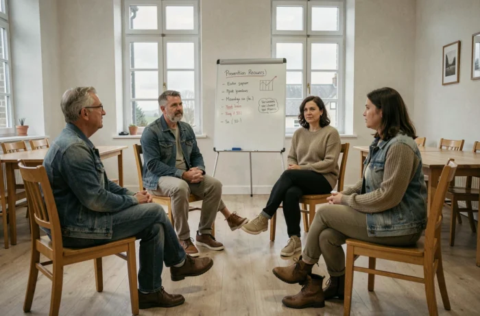 Groupe de soutien en prévention des addictions réunis dans une salle communautaire en Bretagne