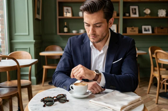 Homme élégant attablé dans un café parisien avec une montre en cuir, des lunettes écailles et un carré de soie comme accessoires de mode