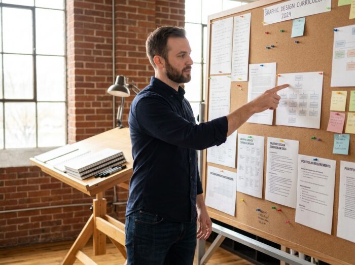 Homme analysant les détails d'un programme de cursus en design graphique sur un tableau d'affichage