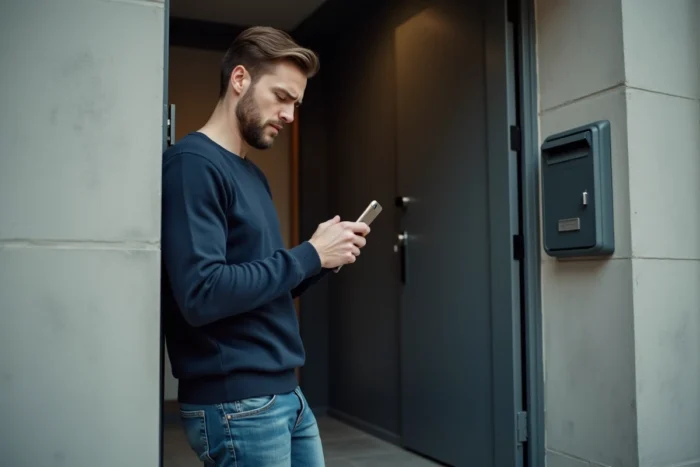 Homme consultant son téléphone devant sa porte d'entrée après la non-livraison d'un colis Zara