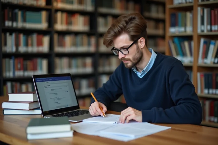 Homme étudiant dans une bibliothèque publique avec un laptop ouvert sur la plateforme IGPDÉ et des notes de préparation aux concours administratifs
