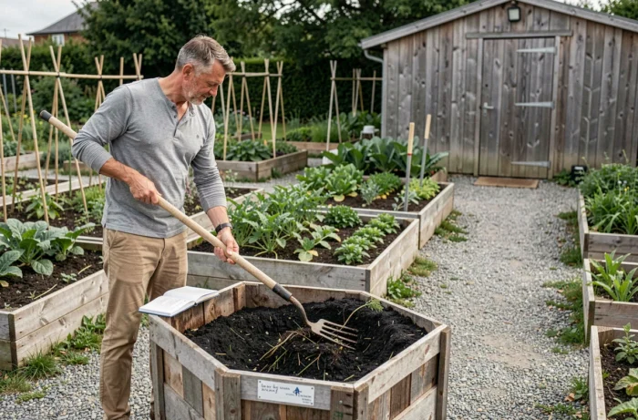 Homme retournant du compost dans un jardin potager partagé, avec des rangées de légumes et un abri de jardin en bois en arrière-plan