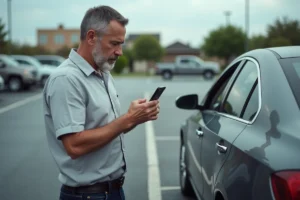 Homme examinant les dégâts sur le pare-chocs de sa voiture après un sinistre automobile dans un parking