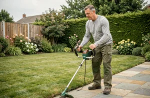 Homme utilisant une coupe-bordure électrique pour délimiter les bords d'une pelouse le long d'un chemin en pierre dans un jardin suburban