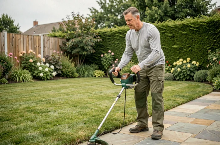 Homme utilisant une coupe-bordure électrique pour délimiter les bords d'une pelouse le long d'un chemin en pierre dans un jardin suburban