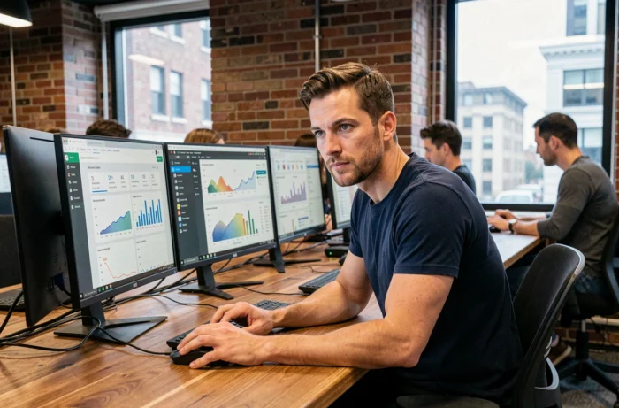 Homme professionnel travaillant sur des tableaux de bord de marketing digital dans un espace de coworking, représentant les métiers du web et opportunités en ligne