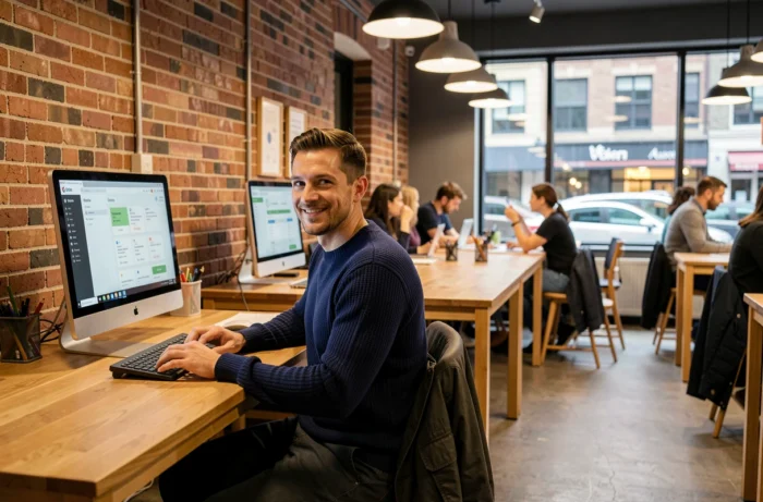 Homme recherchant un emploi sur une plateforme d'annonces en ligne dans un espace de coworking urbain