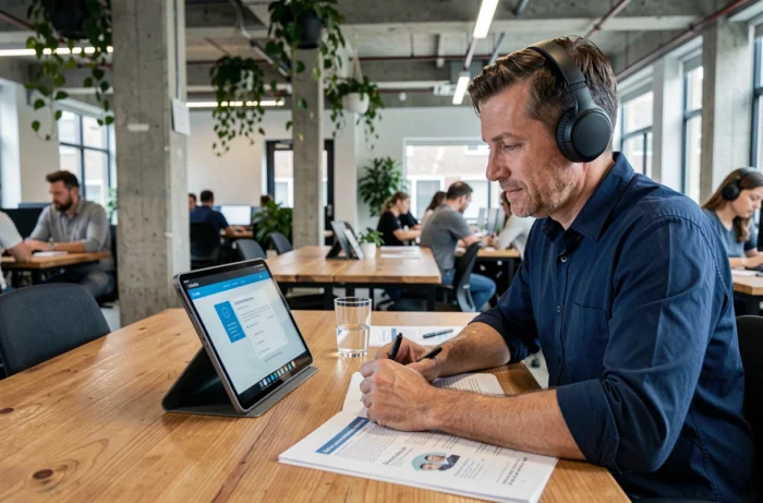 Homme adulte en formation à distance dans un espace de coworking moderne avec tablette et casque audio