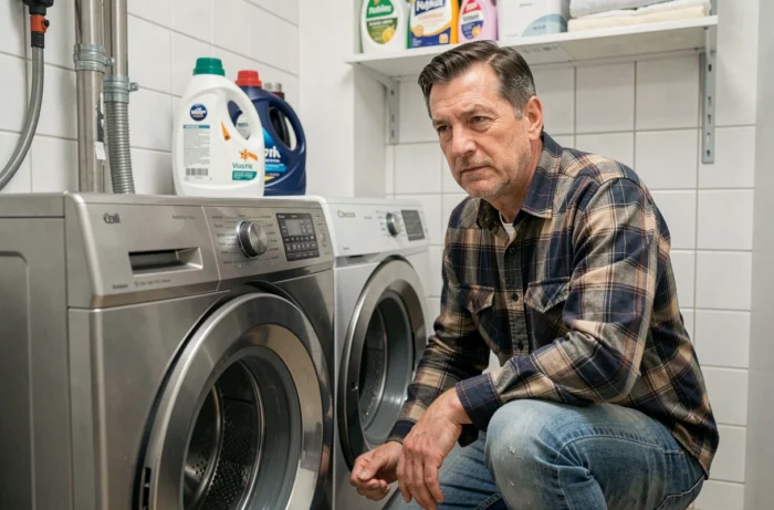 Homme installant un lave-linge haute efficacité dans une buanderie moderne et bien organisée