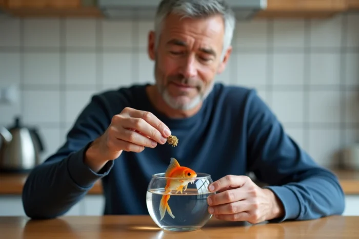 Homme nourrissant son poisson rouge dans un bol en verre, testant si le poisson reconnaît sa présence lors du repas