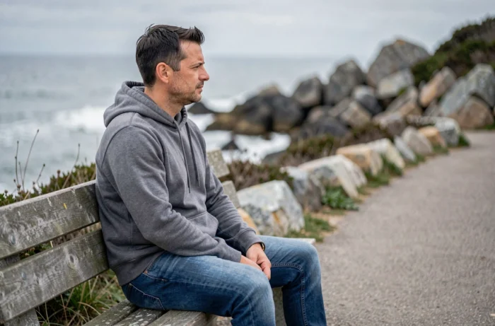 Homme en moment de réflexion sur le littoral breton symbolisant le parcours de prévention et de soutien face aux addictions