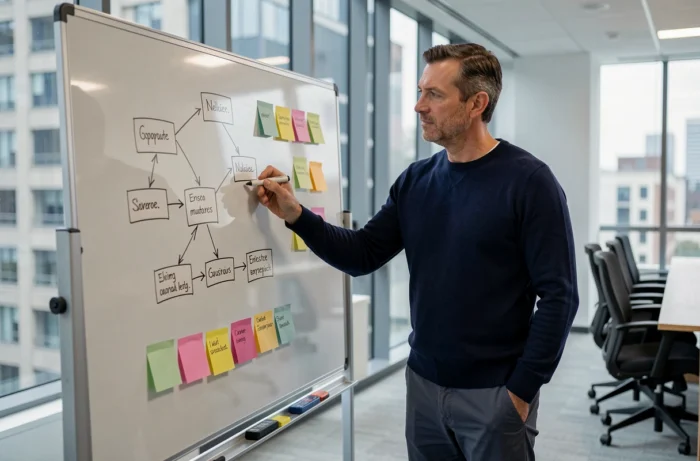 Homme dessinant une architecture de plan de site sur un tableau blanc dans une salle de réunion moderne pour organiser la navigation web