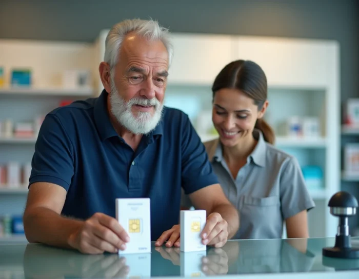 Un homme senior compare des forfaits de cartes SIM dans une boutique de téléphonie pour son Doro