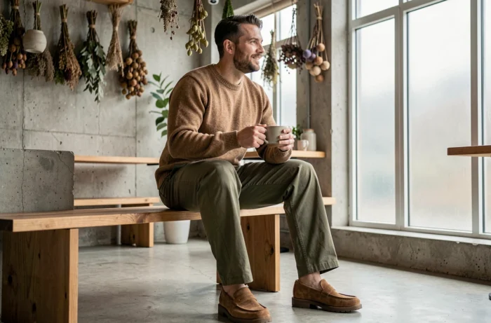 Homme en pull en maille et chino large assis dans un café scandinave minimaliste, style mode masculin 2024