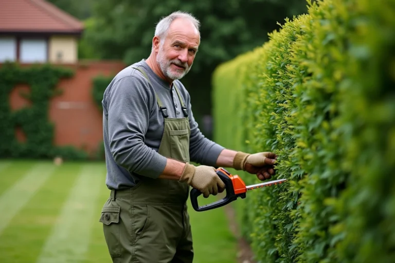 Homme utilisant un taille-haie électrique sans fil pour tailler une haie de buis dans un jardin bien entretenu