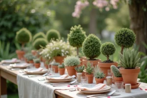 Table de mariage décorée de plantes originales en pots, terrariums et arrangements botaniques comme idées de cadeaux végétaux