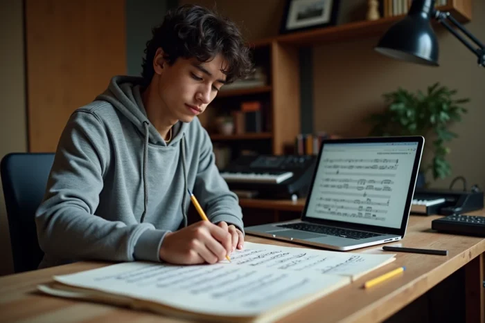 Jeune compositeur annotant une partition musicale dans un studio à domicile, représentant la nouvelle génération de musiciens inspirée par son héritage familial