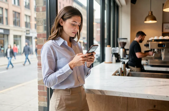 Jeune femme consultant des annonces d'emploi sur son smartphone dans un café urbain moderne