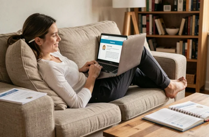 Jeune femme souriante qui suit une formation professionnelle en ligne depuis son canapé avec un ordinateur portable