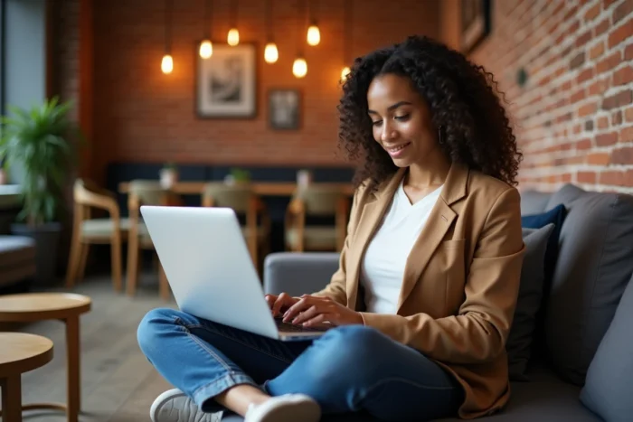 Une jeune femme travaillant sur Google Search Console dans un espace de coworking chaleureux pour optimiser le référencement naturel