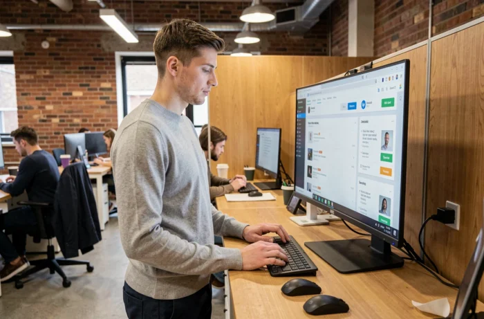 Jeune homme professionnel utilisant une plateforme d'emploi en ligne dans un espace de coworking moderne