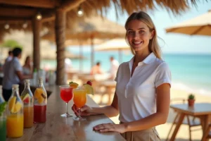 Jeune femme souriante servant des cocktails dans un bar de plage méditerranéen, job saisonnier estival