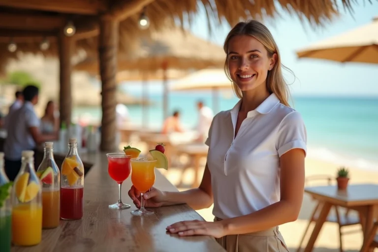 Jeune femme souriante servant des cocktails dans un bar de plage méditerranéen, job saisonnier estival