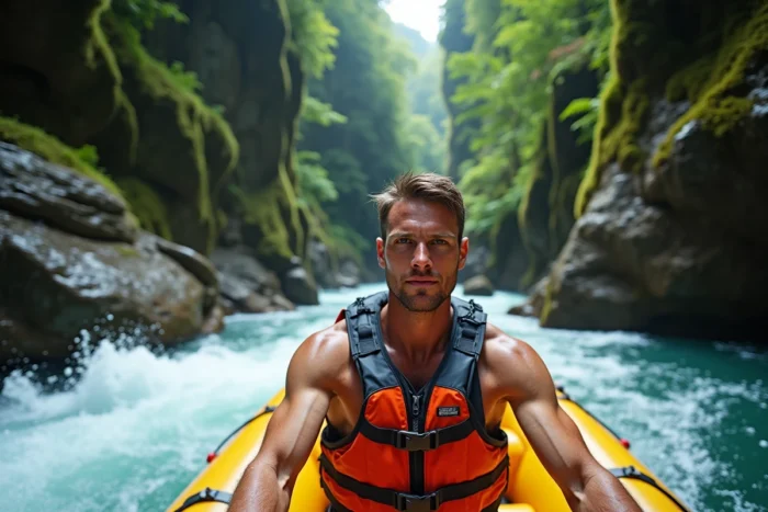 Guide de rafting masculin encadrant un groupe en descente de canyon, emploi saisonnier sportif en plein air