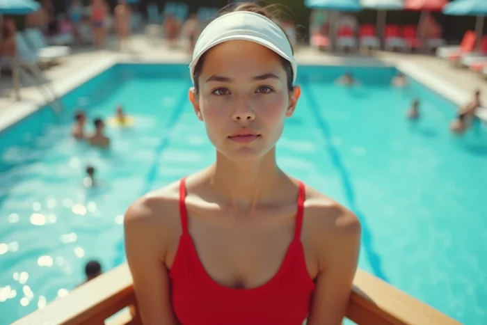 Jeune femme maître-nageur en poste dans une tour de surveillance au bord d'une piscine publique animée, job saisonnier été