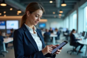 Journaliste professionnelle consultant les actualités sur une tablette dans une salle de rédaction moderne