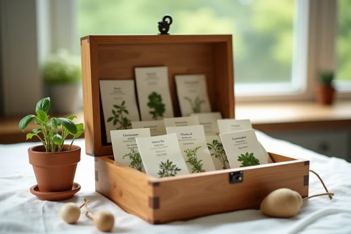 Coffret cadeau en bois avec sachets de graines aromatiques illustrés, petit pot en terre cuite et dibber en bois pour cadeau de mariage