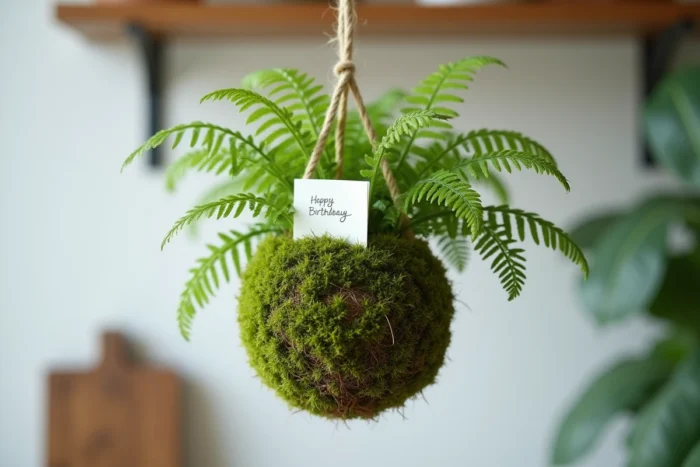 Kokedama de fougère Asplenium suspendu par une corde de jute avec carte de félicitations manuscrite pour un cadeau de mariage