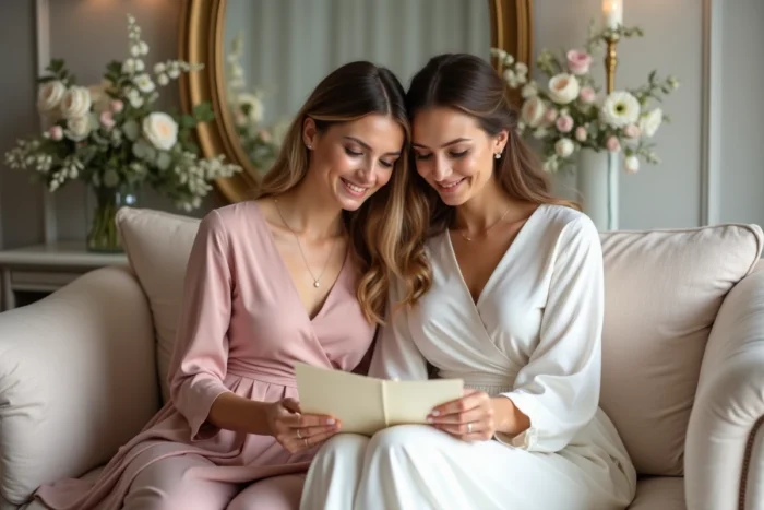 Deux femmes lisant ensemble une lettre touchante dans une suite nuptiale décorée de fleurs