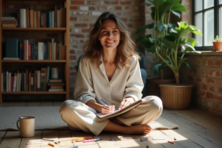 Femme dessinant dans un carnet de croquis dans un salon chaleureux, idée de loisir créatif à la maison