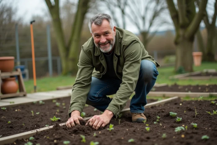 Homme jardiner dans un potager communautaire, activité de loisir en plein air ressourçante