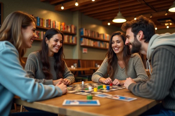 Groupe d'amis jouant à un jeu de société dans un café ludique, loisir convivial entre amis